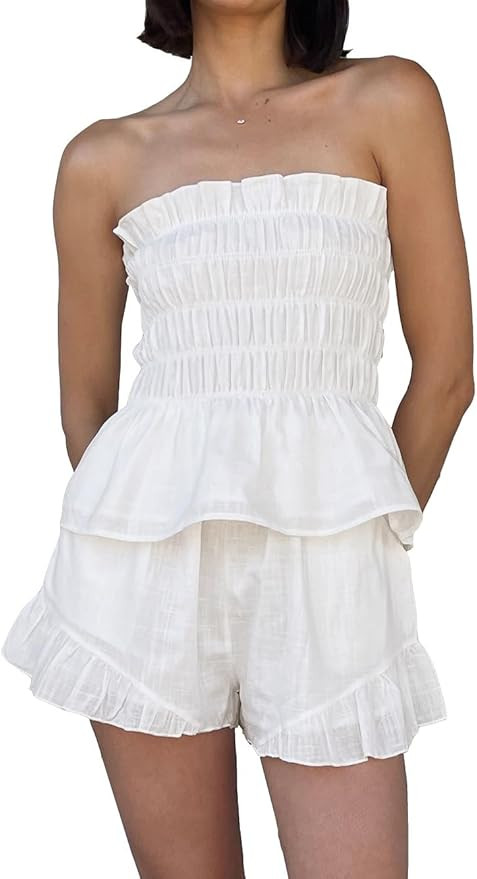 ROAONOCOMO Women Ruffle 2 Piece Shorts Set Strapless Tiered Tube Top Gingham Lounge Outfit Floral... | Amazon (US)