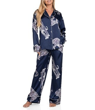 Long Sleeve Notch Collar Satin Cheetah Print Pajama Set | Dillard's