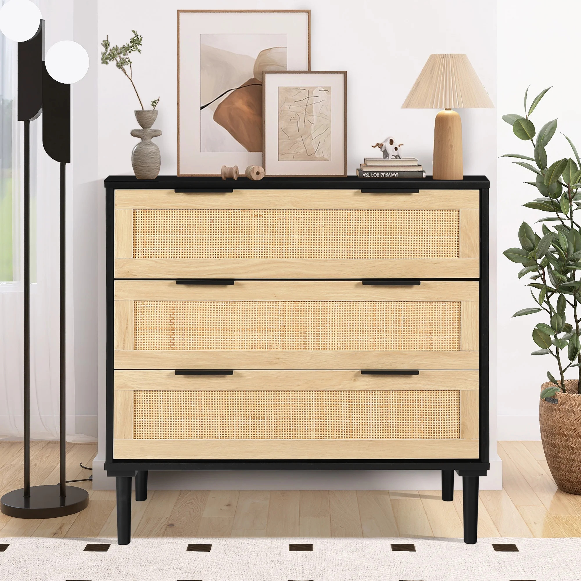 LAZZO 3 Modern Drawer Dresser Rattan, Wooden Dresser Chest of Large Storage Cabinet | Walmart (US)