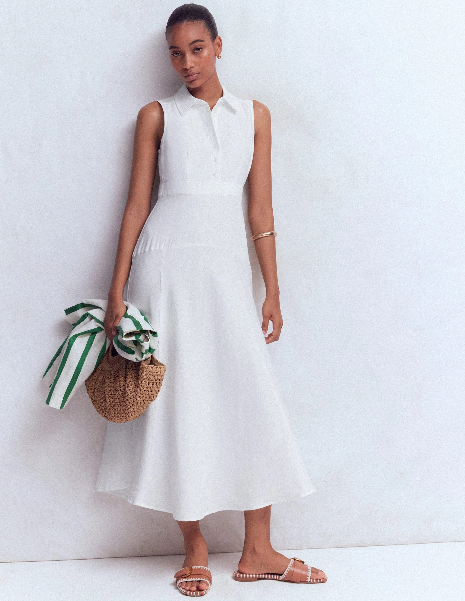 Erma Drop Waist Linen Dress-White | Boden UK