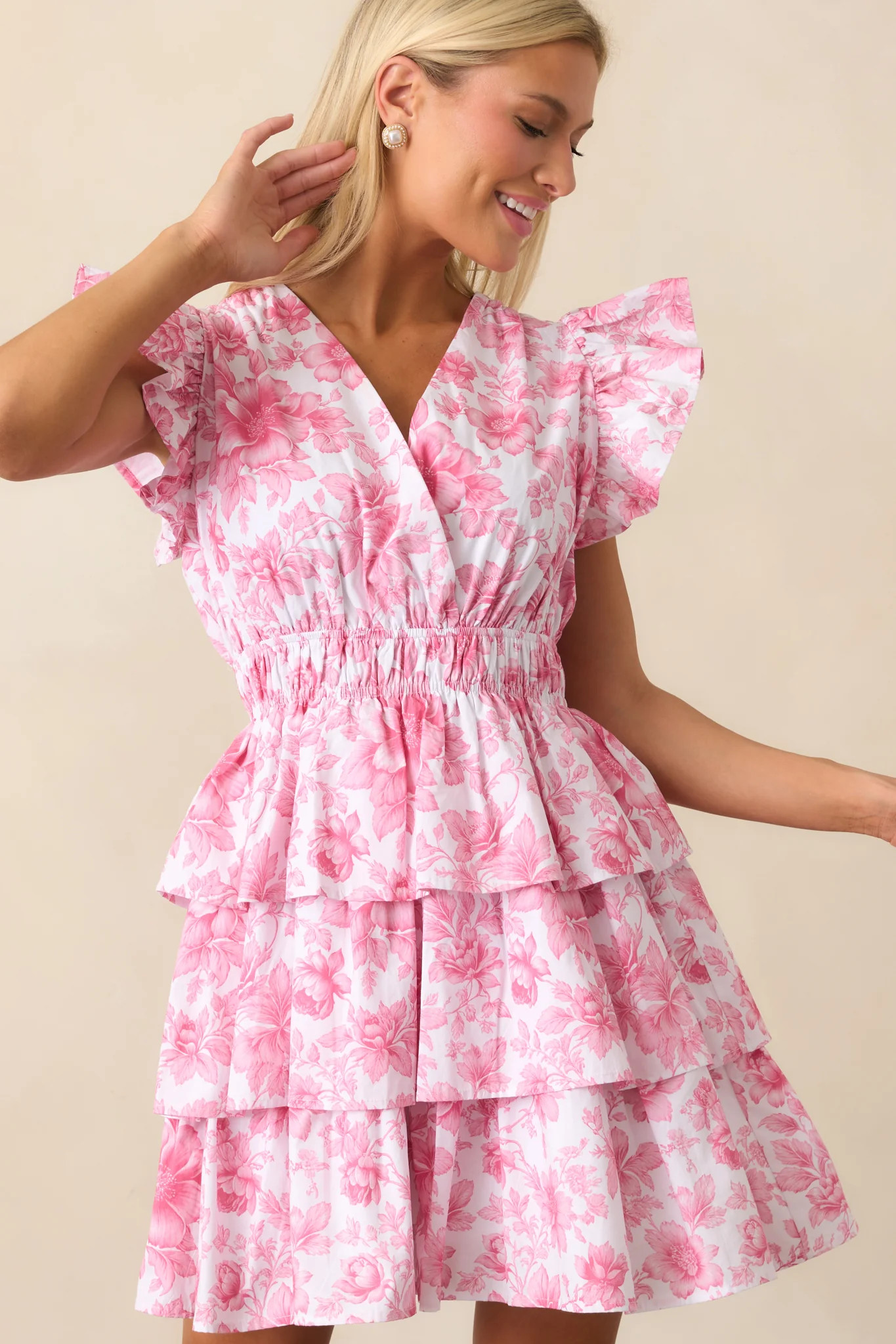 Bridget La France Dianthus Pink Floral Cotton Ruffle Mini Dress | Red Dress