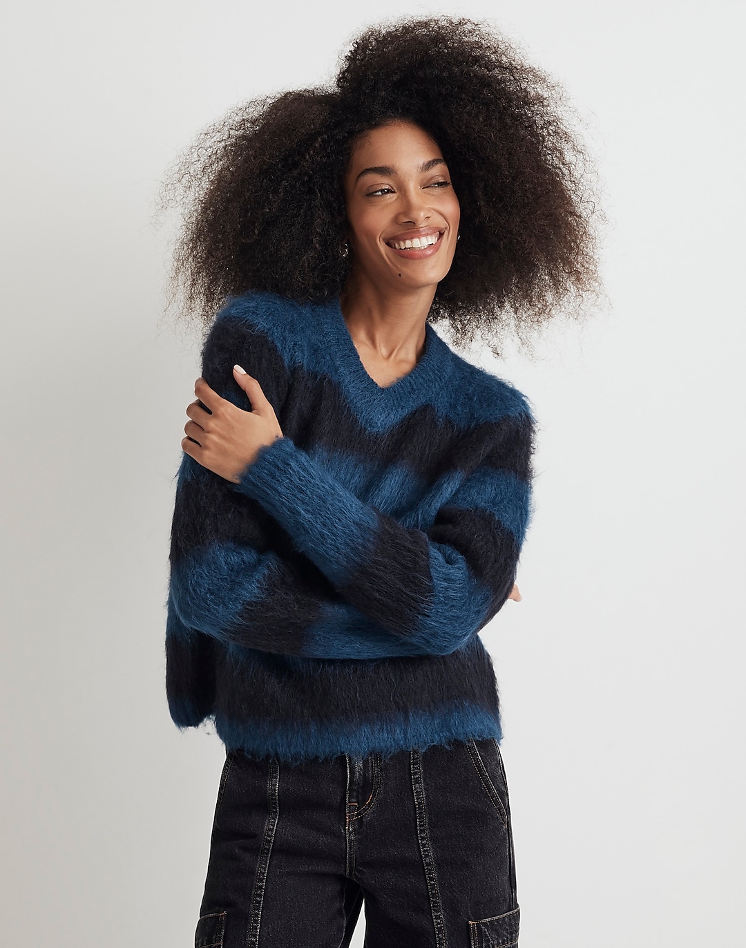 Brushed V-Neck Sweater in Stripe | Madewell