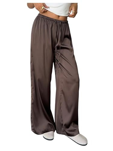 MakeMeChic Women's Satin Pants Drawstring Waist Straight Leg Chocolate Brown Silk Lounge Pants Brown Medium | Amazon (US)