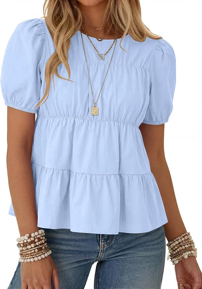 Rapbin Womens Puff Short Sleeve Babydoll Tops Summer Peplum Pleated Cotton T Shirts Casual Loose ... | Amazon (US)