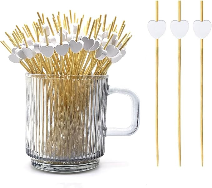 120 pcs 4.7 in long White heart Bamboo Cocktail, Heart Toothpicks for Appetizers, Natural Bamboo ... | Amazon (US)