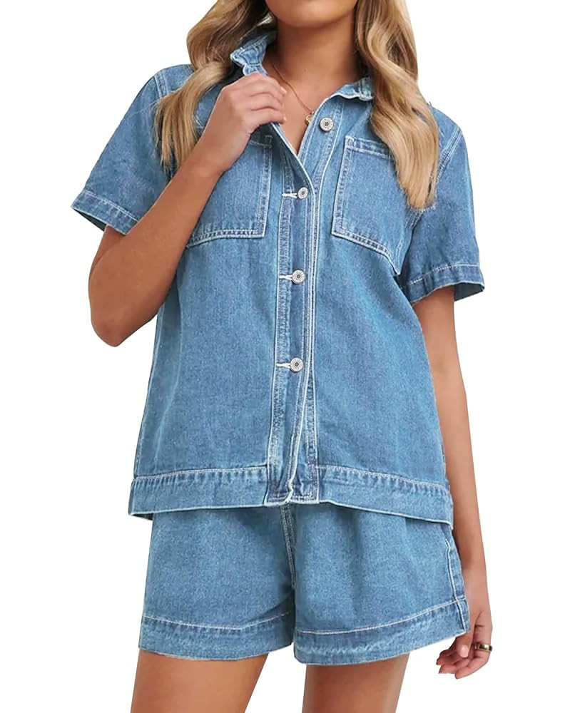 Kedera Summer Denim Set for Women 2 piece Casual Short Sleeve Boxy Shirt Tops and Shorts Pants Lo... | Amazon (US)