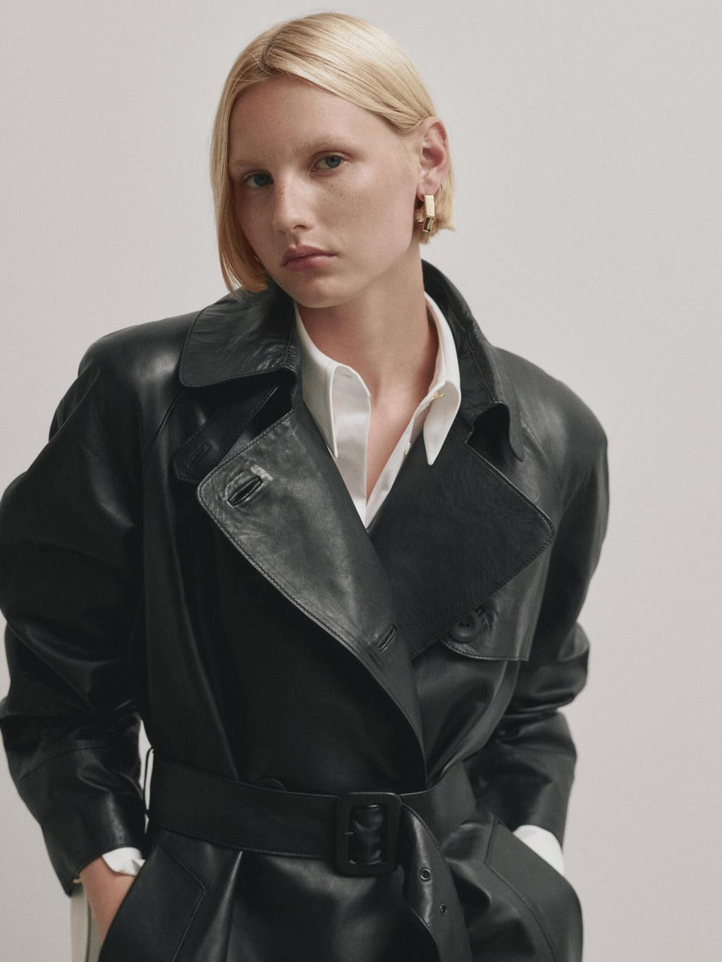 Nappa leather trench-style coat with belt - Studio | Massimo Dutti US