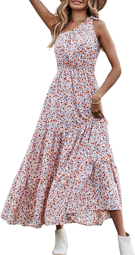 PRETTYGARDEN Women's Summer Floral Dress One Shoulder Sleeveless Knot Ruffled Hem Flowy Bohemian ... | Amazon (US)
