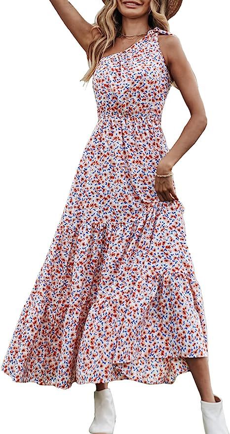PRETTYGARDEN Women's Summer Floral Dress One Shoulder Sleeveless Knot Ruffled Hem Flowy Bohemian ... | Amazon (US)