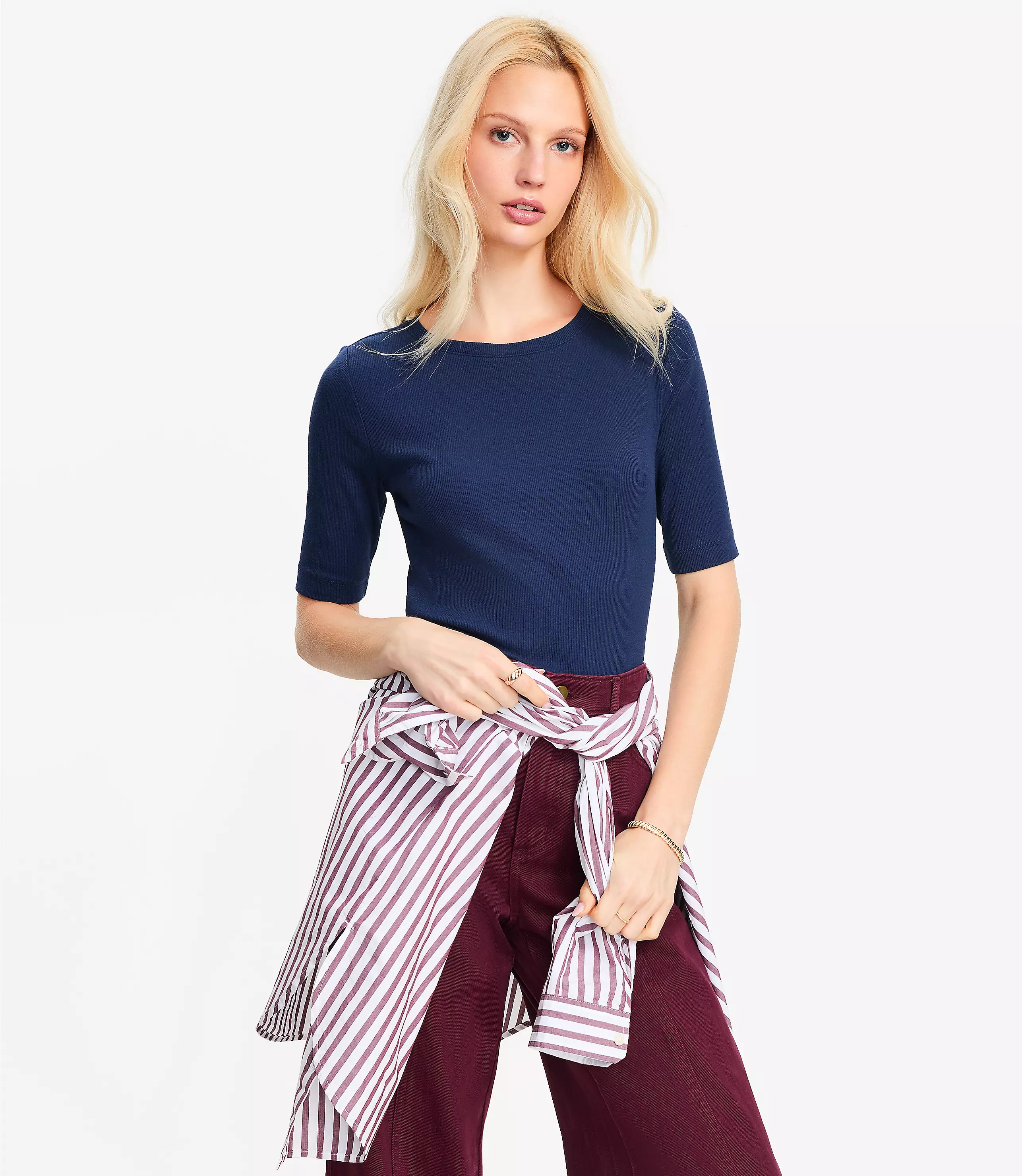 Perfect Ribbed Elbow Sleeve Tee | LOFT