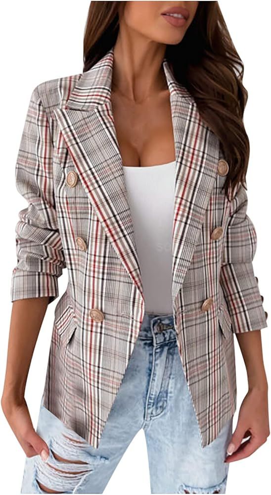 Plaid Blazer Jackets for Women Fashion Business Casual Long Sleeve Lapel Double Breasted Jacket W... | Amazon (US)