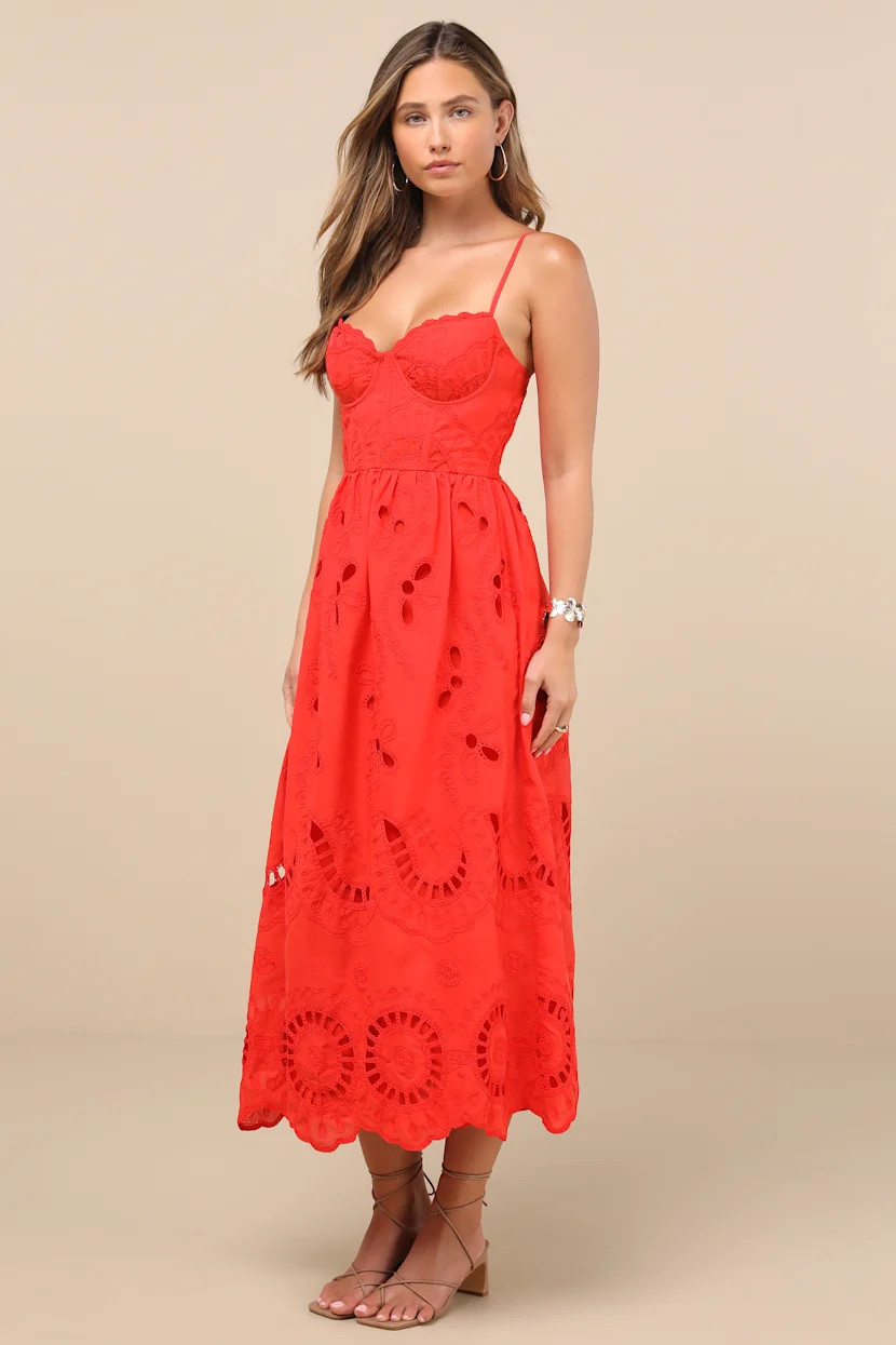 Jenora Bright Red Embroidered Bustier Midi Dress | Lulus