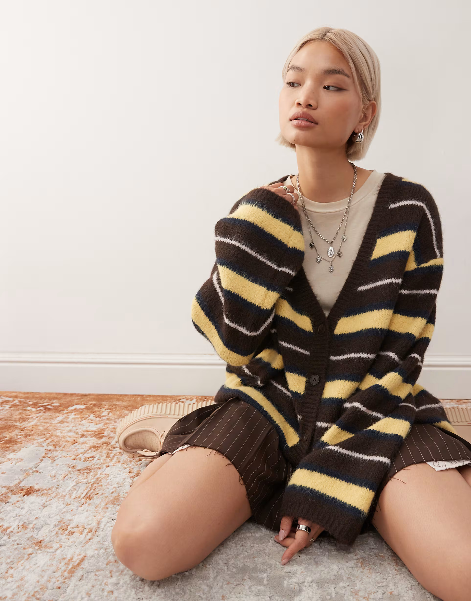 Monki oversized fluffy knit cardigan in brown and yellow stripe | ASOS | ASOS (Global)