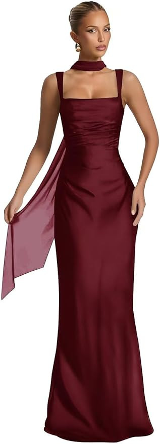 Satin Bridesmaid Dresses with Scarf Mermaid Spaghetti Straps Square Neck Pleated Long Prom Formal... | Amazon (US)
