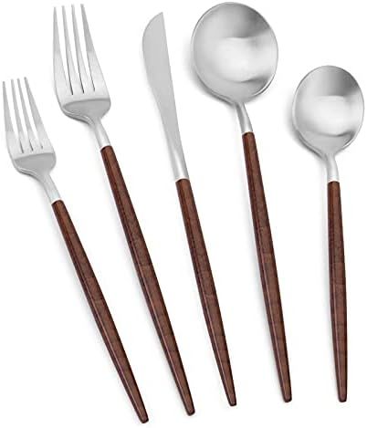 Matte Silver Silverware Set With Brown Handle, Vanys 20 Piece Stainless Steel Cutlery Flatware Se... | Amazon (US)