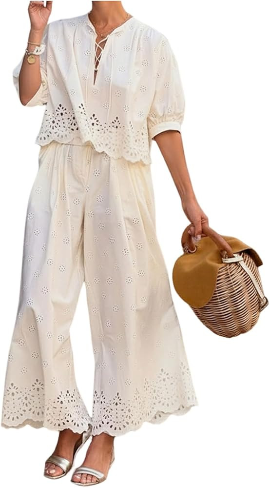WDIRARA Women's 2 Piece Pants Outfits Eyelet Puff Sleeve Blouse Wide Leg Pants Set Boho Vacation ... | Amazon (US)