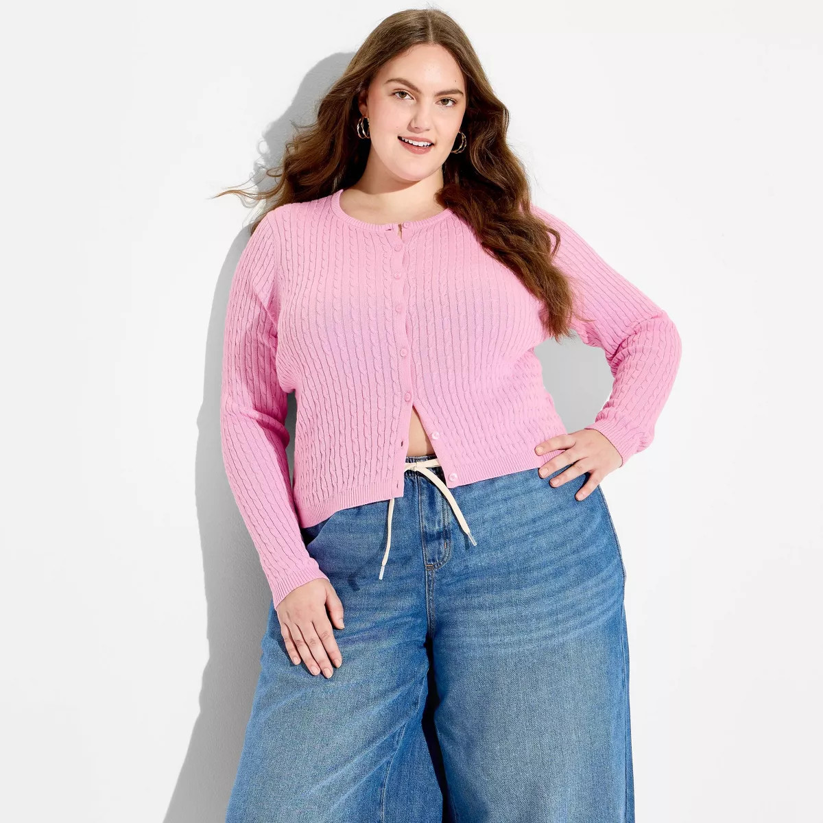 Women's Crewneck Baby Cable Cardigan - Wild Fable\u2122 Pink XXL | Target