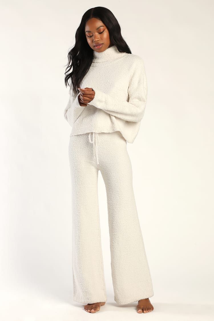 Snuggle City Ivory Fuzzy Knit Wide-Leg Lounge Pants | Lulus (US)
