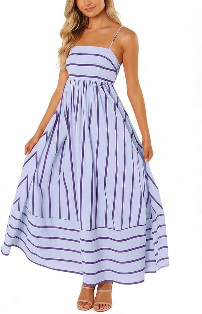 chouyatou Women's Striped Back Smocked Maxi Dress Sexy Spaghetti Strap Cut Out Flowy Swing Long D... | Amazon (US)