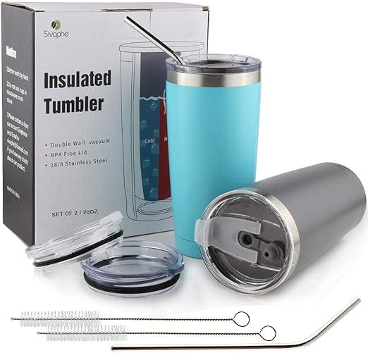 Sivaphe 20 oz Stainless Steel Tumblers (2 Pack) with 4 Splash Proof Lids, 2 Straws and 2 Brushes,... | Amazon (CA)