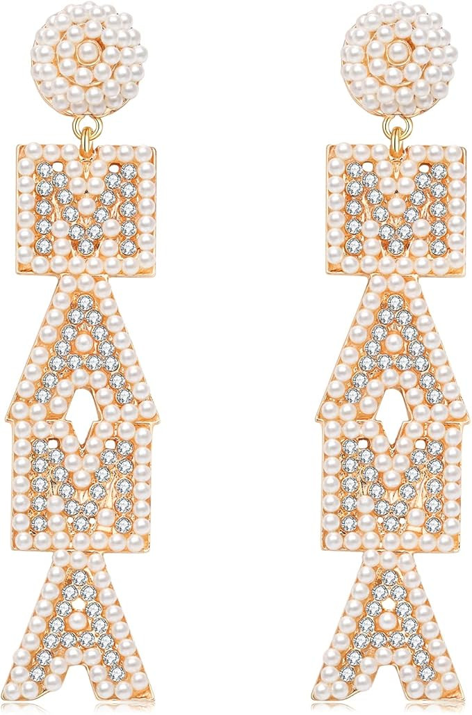 MAMA Earrings Cute MAMA Letter Beaded Dangling Earrings Hypoallergenic Long Statement Rhinestone ... | Amazon (US)