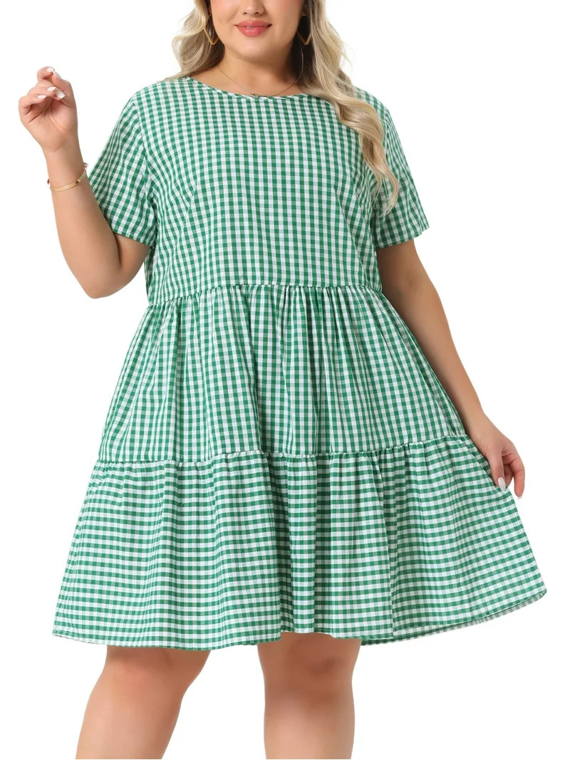 Agnes Orinda Women's Plus Size Easter Gingham Dresses 1950s Vintage Tiered Crew Neck Short Sleeve... | Walmart (US)