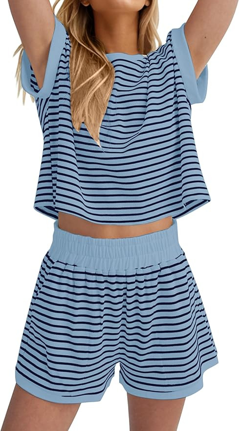 Burtell Women Summer 2 Piece Lounge Sets Striped Short Sleeve Tee Shirts Mini Shorts Loungewear S... | Amazon (US)