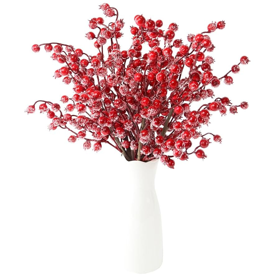 Frosted Red Berry Stems, 6 Pack 17" Long Artificial Snowy Christmas Berries Picks Winter Holly Be... | Amazon (US)