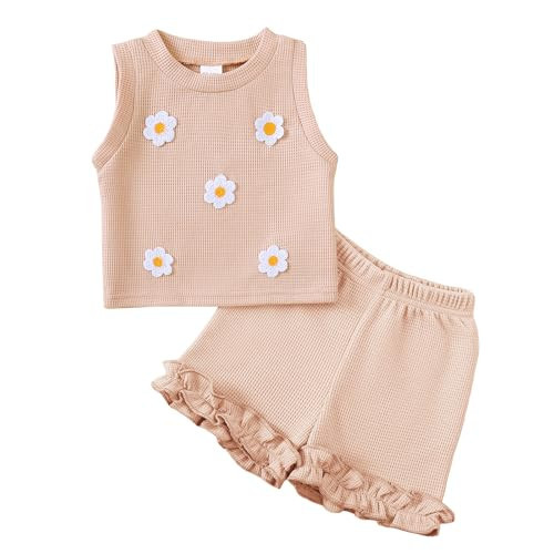 Kislio Toddler Baby Girl Outfits Floral Summer Clothes Waffle Sleeveless Tops Ruffle Shorts Cute Infant Spring Clothes Set | Amazon (US)