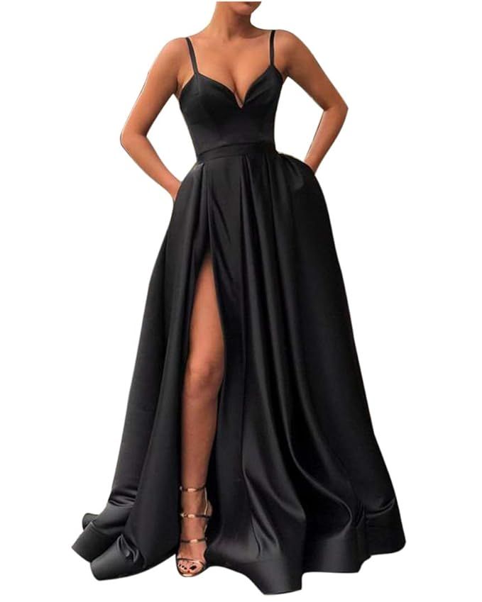 Spaghetti Straps Sweetheart Prom Gown Long Evening Party Gown with High Slit Robe De Soiree with ... | Amazon (US)