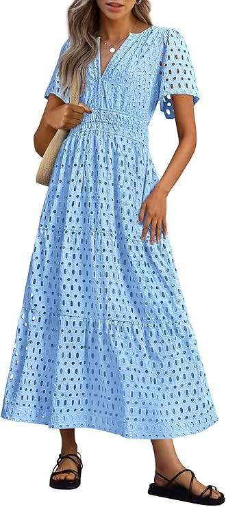 PRETTYGARDEN Womens 2025 Summer Maxi Dress Short Sleeve V Neck Hollow Out Eyelet A Line Long Flow... | Amazon (US)