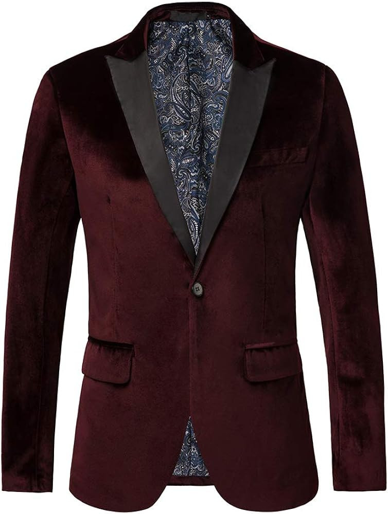 THWEI Mens Velvet Blazer Slim Fit Suit Jacket One Button Tuxedo Blazer Wedding Prom Dinner | Amazon (US)