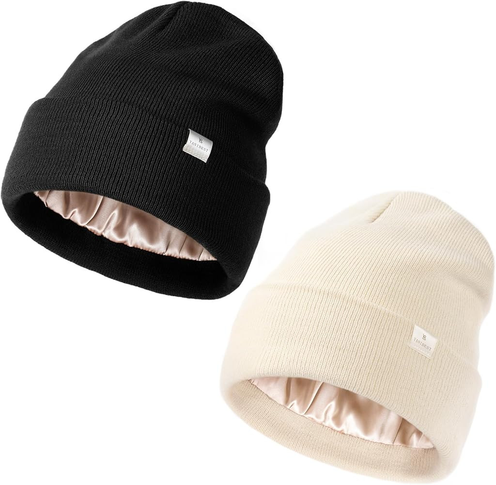 YANIBEST 2 Pack Womens Saitn Lined Knit Beanie Hat Acrylic Winter Hats for Women Men Silk Lining ... | Amazon (US)