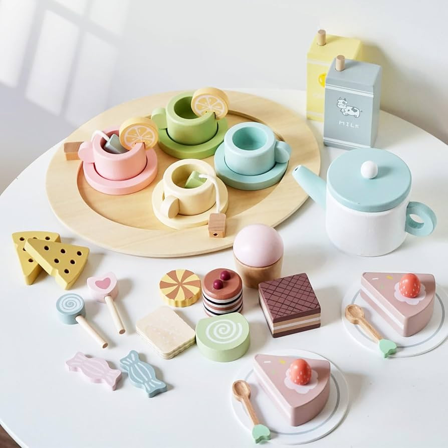 Wooden Tea Party Set for Little Girls, 30 PCS Wooden Tea Set for Toddlers 3-5, Pretend Play Kids ... | Amazon (US)