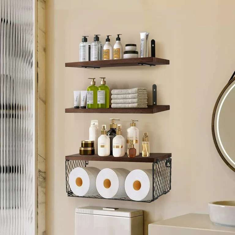 Floating Shelves, 3 Set Wall Mounted Wood Bathroom Shelves with Wire Storage Basket & Hooks, Farm... | Walmart (US)