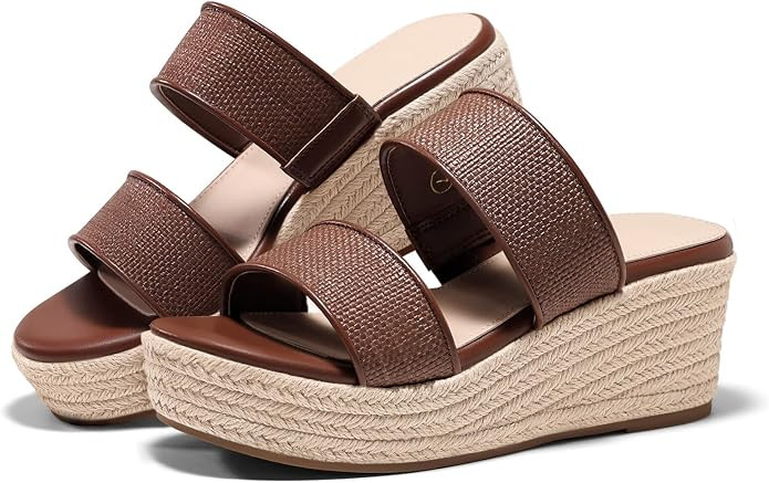 Coutgo Womens Platform Wedge Sandals Espadrille Raffia Heeled Slides Open Toe Two Band Beach Vaca... | Amazon (US)