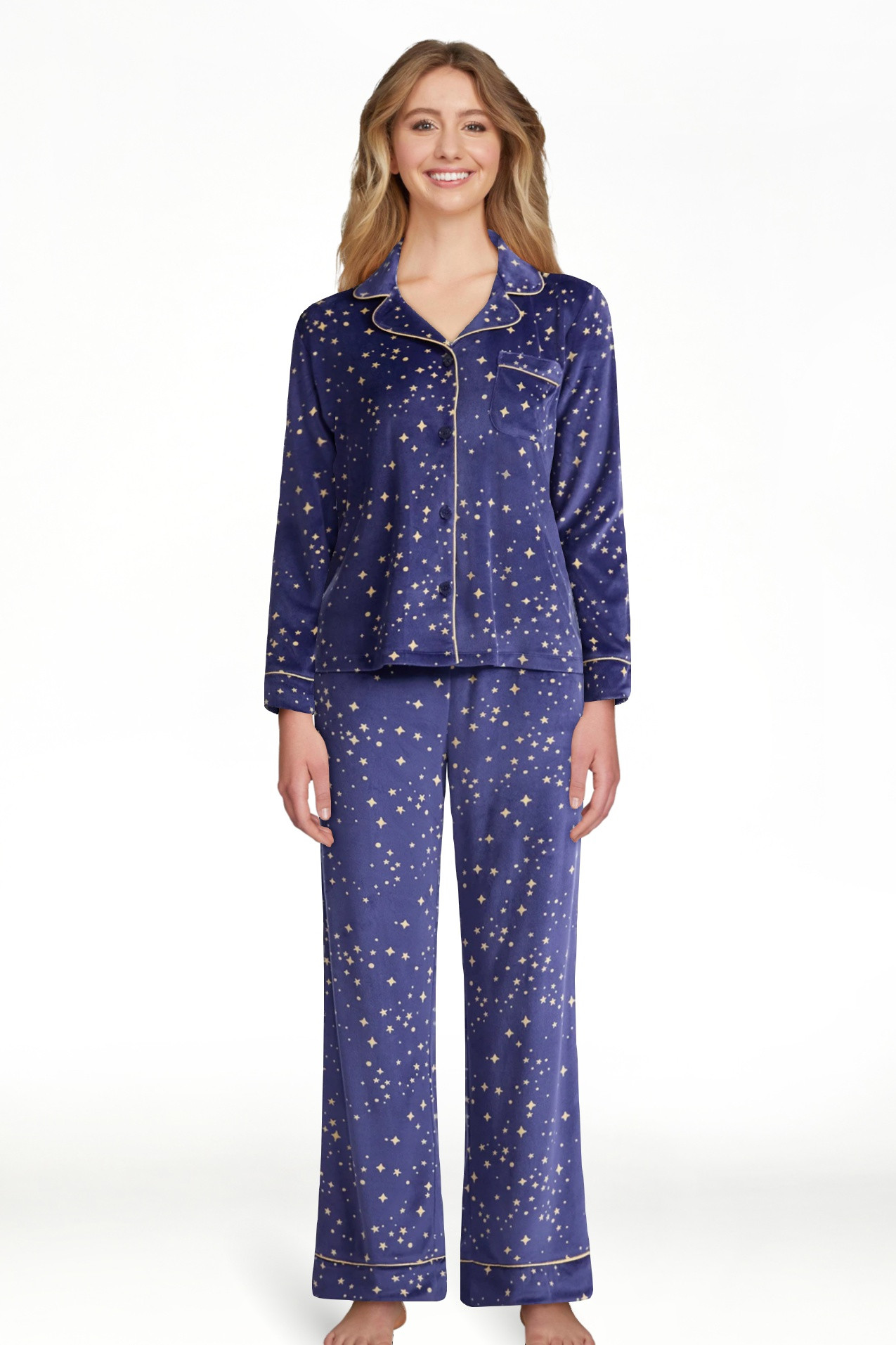 Joyspun Women’s Stretch Velour Notch Collar Long Sleeve Pajama Set, Sizes XS to 4X | Walmart (US)