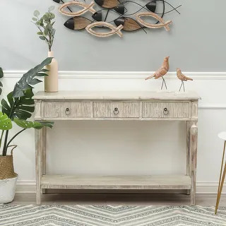 White Washed Wood Three Drawer Console Table - Wood/MDF | Bed Bath & Beyond