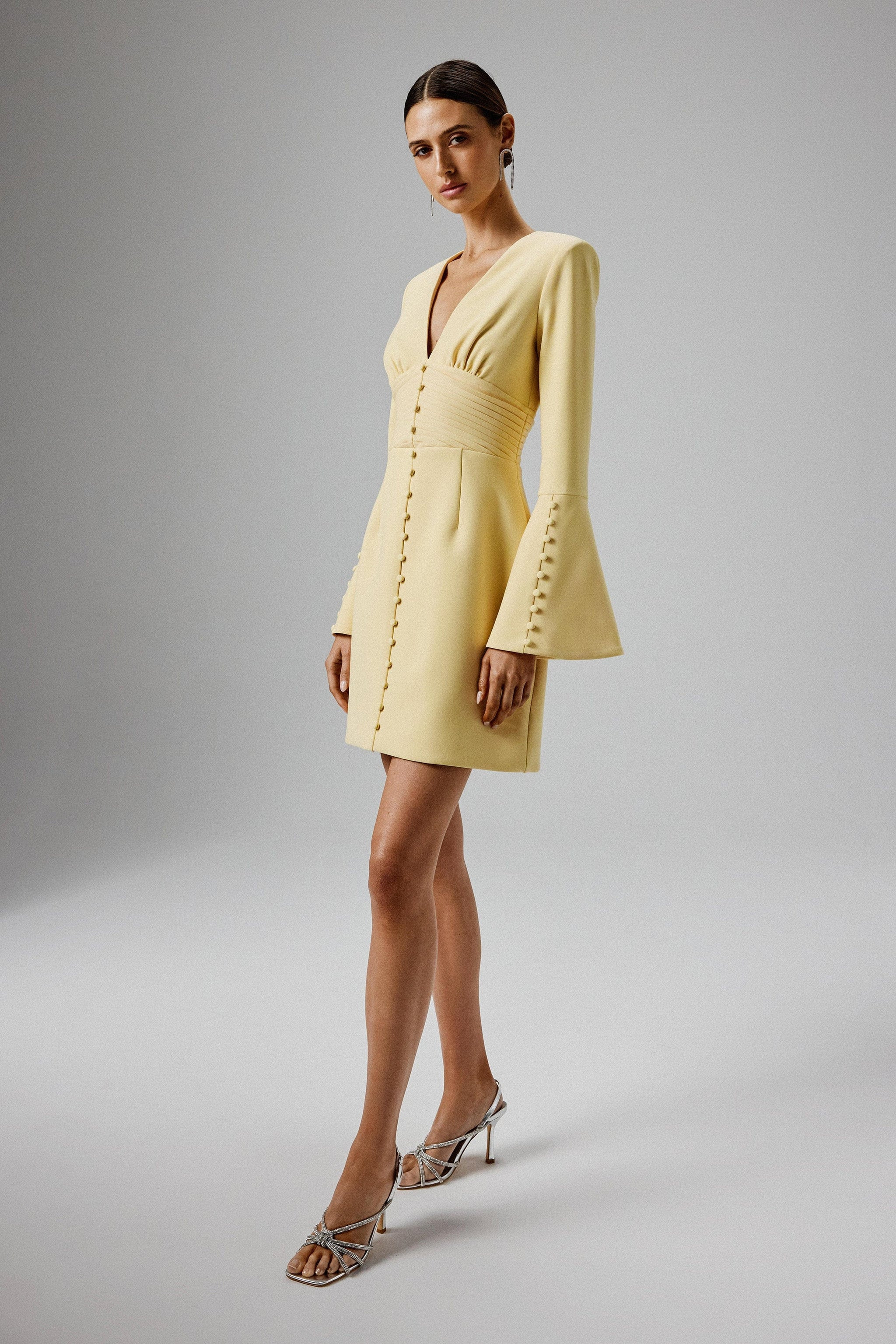 LARA Fluted Sleeve Micro Shell Button Mini Dress in Yellow | Lavish Alice Retail Ltd