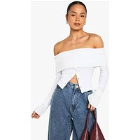 boohoo Women's Popper Detail Off-The Shoulder Long Sleeve Top in White | Size: 10 | Boohoo.com (UK & IE)