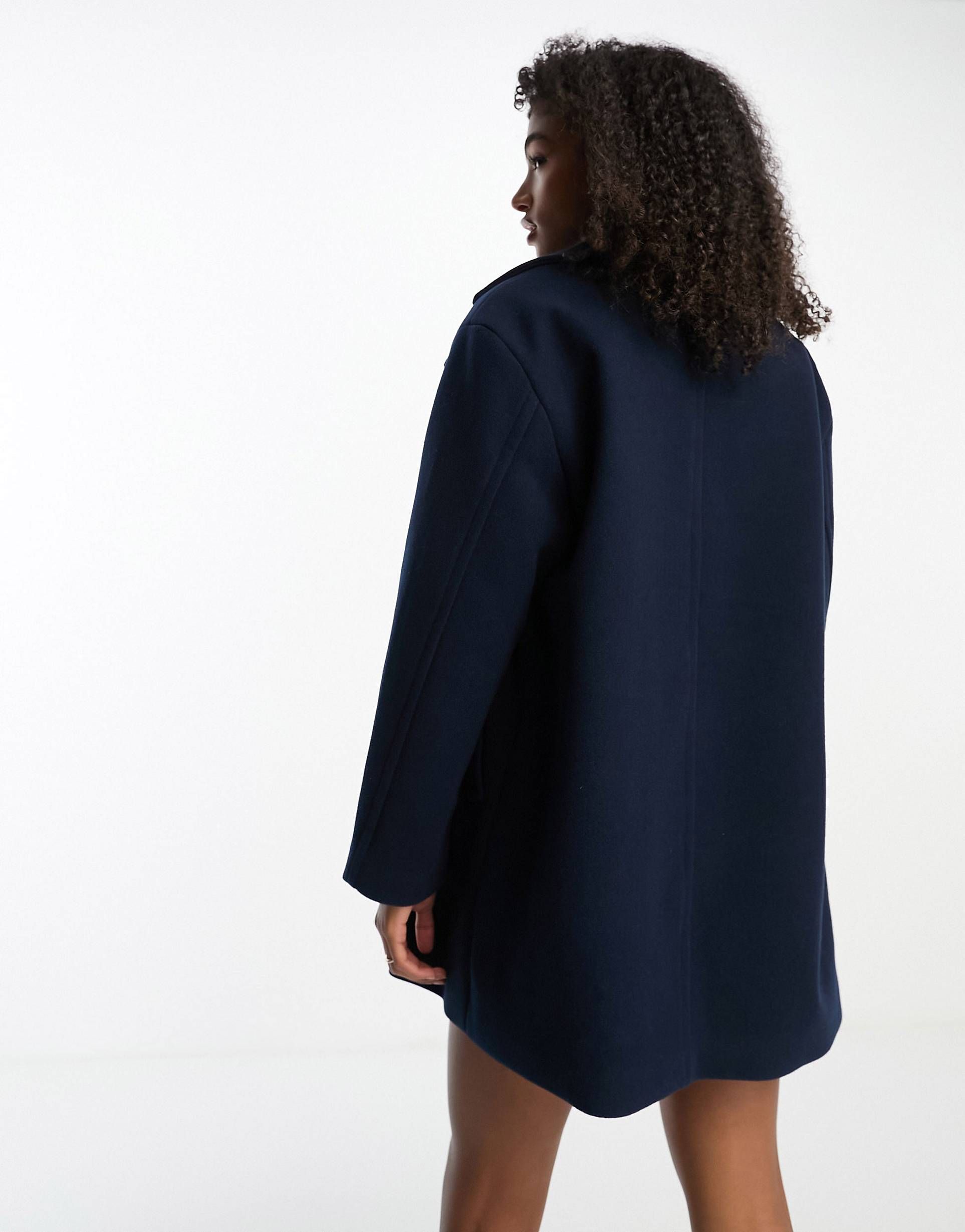Monki wool blend double breasted longline jacket in dark blue | ASOS (Global)