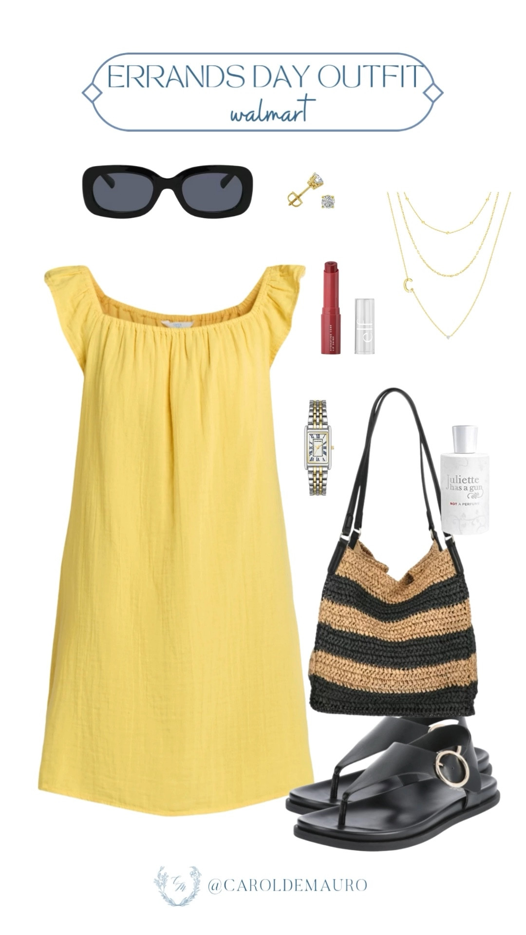 Sunny day out calls for this comfy butter yellow mini dress, black thong sandals, and a straw tote bag to put all your essentials for errands day! All of these are super affordable from Walmart.
#walmartfashion #weekendoutfit #daintyaccessories #summerwardrobe

#LTKSeasonal #LTKStyleTip #LTKU