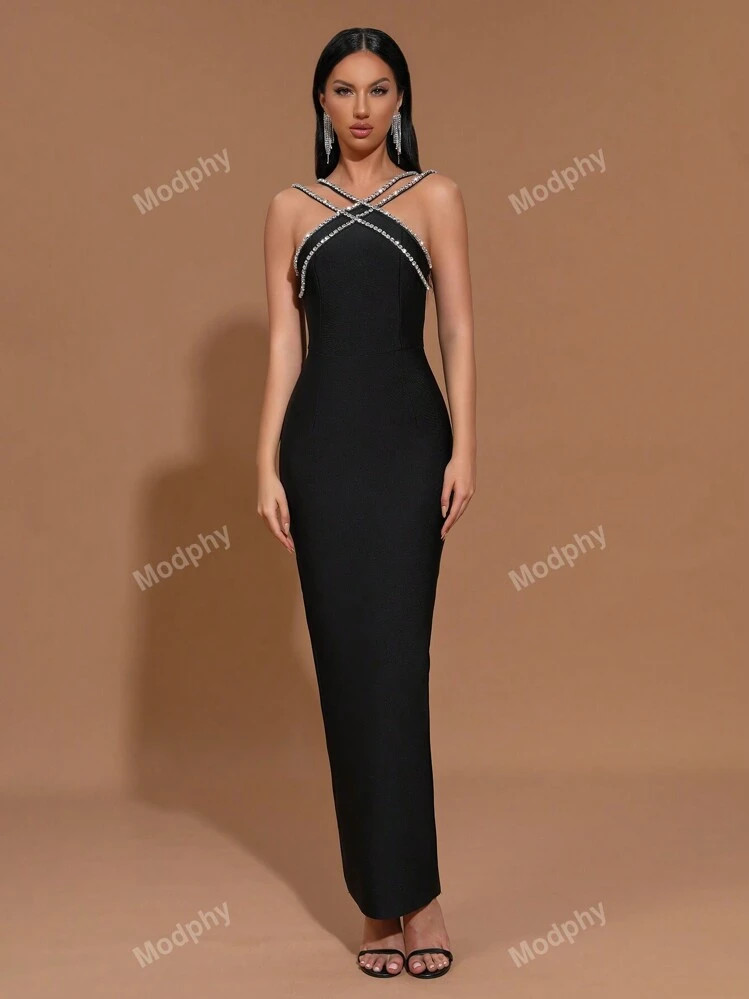 Modphy Robe Longue Moulante Modphy New Heavy Chain Crystal Diamond Bandage, Robe De Soirée Sexy Pour Les Femmes Invitées À Un Mariage | SHEIN