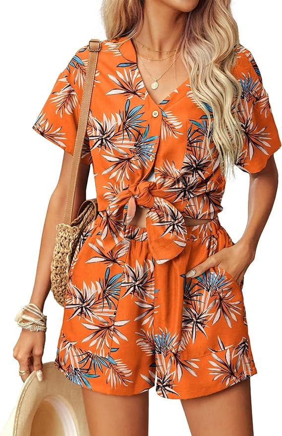 Ekouaer Womens Hawaiian 2 Piece Outfit Short Sleeve Button Down Shirt and Shorts Tracksuit Lounge... | Amazon (US)