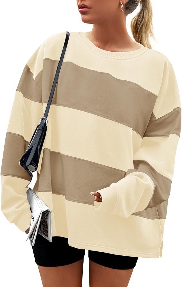 ZESICA Women's Fall Sweatshirt Tops Crewneck Long Sleeve Loose Oversized Striped Fleece Pullover ... | Amazon (US)