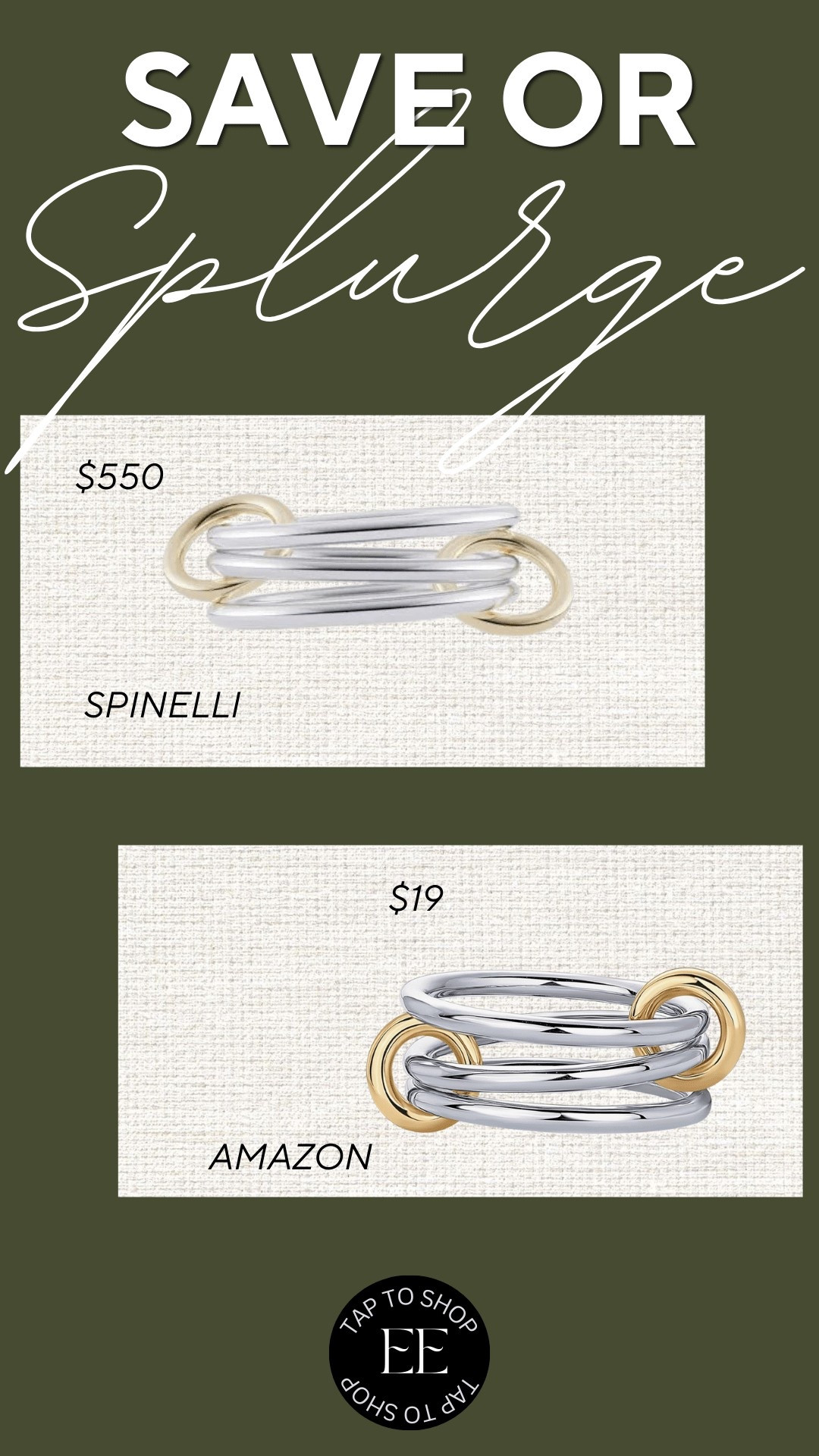 Save or Splurge Spinelli Ring or Amazon Dupe?

#LTKFindsUnder100 #LTKStyleTip #LTKFindsUnder50