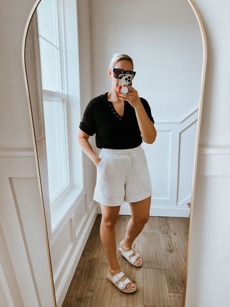 Varley outfit. Weeekend soccer mom, casual and chic casual summer outfit. Varley shorts, Varley sweater top, knit top, casual chic. 

#varley #casualsummer #momoutfit #athleisure #comfy #chic #neutralcloset 