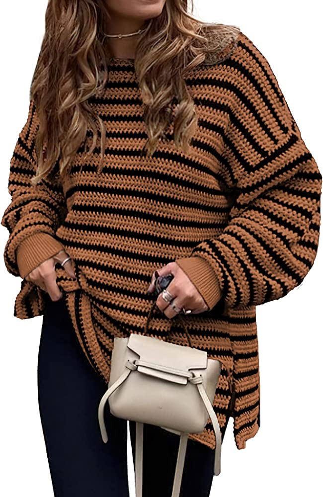 KIRUNDO Women's 2025 Fall Winter Oversized Long Sleeve Striped Sweater Casual Crewneck Side Split... | Amazon (US)