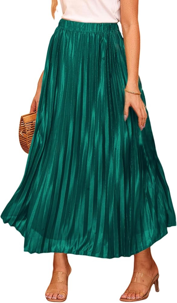 EARKOHA Women Pleated Maxi Skirt Metallic Accordion Shiny Elastic High Waist A Line Fall Party Lo... | Amazon (US)