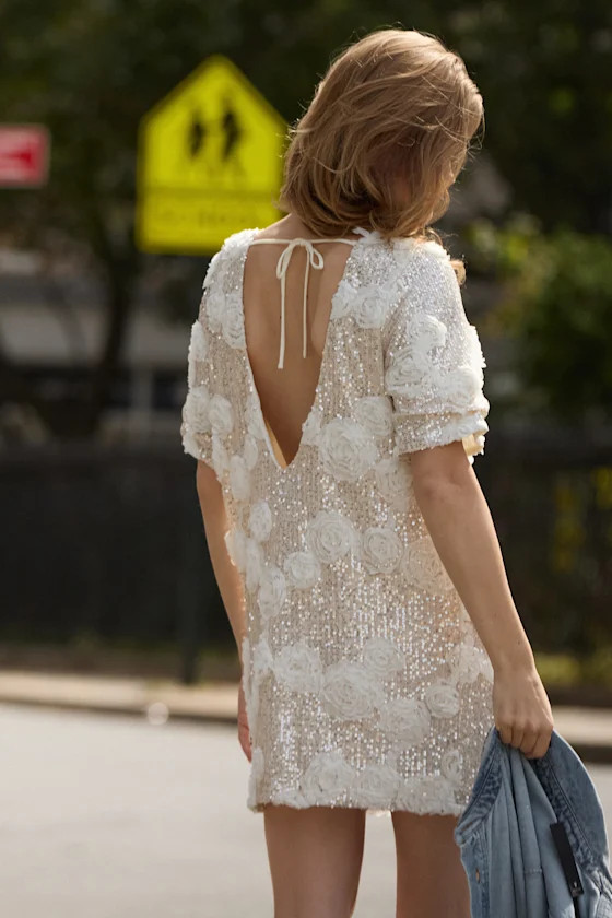 Kayleena Ivory Sequin Rosette Tie-Back Shift Dress | Lulus